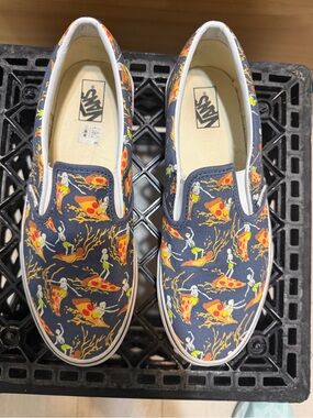 Vans Navy Slip-On Sneakers with Pizza & Skeleton Print